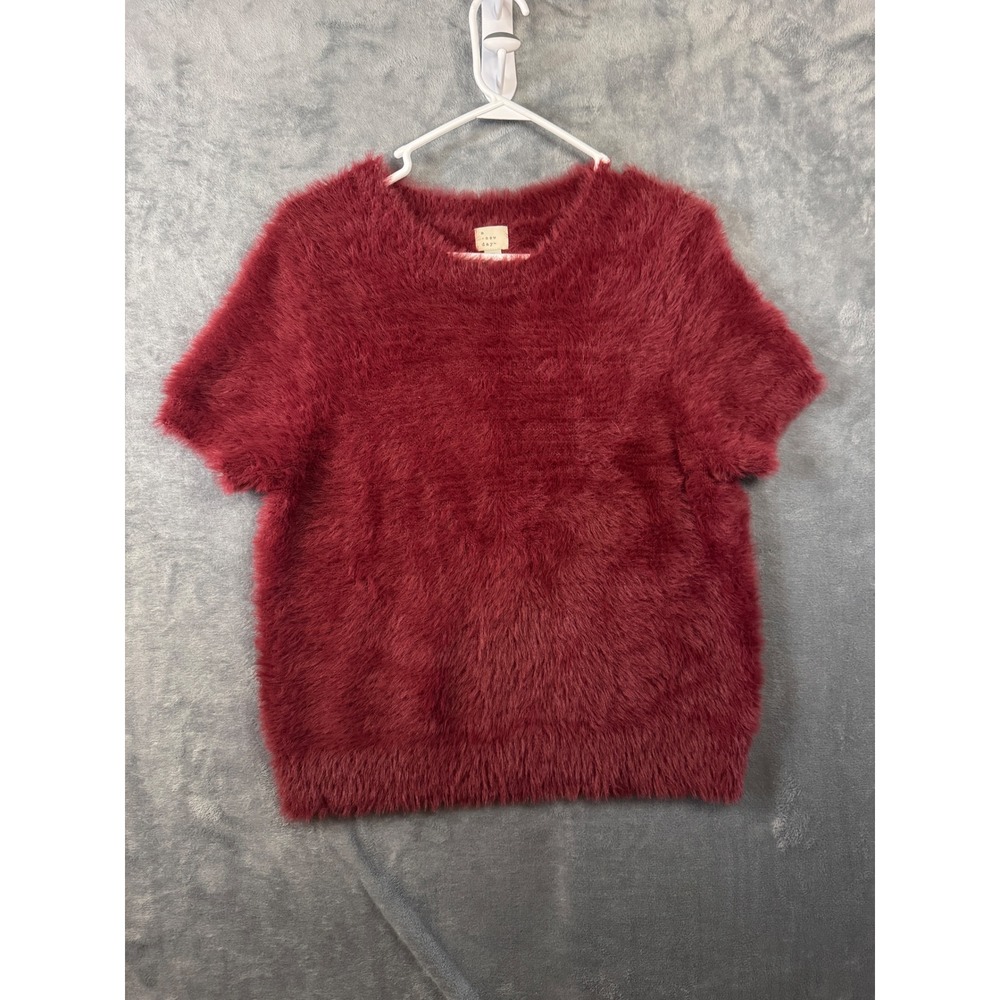 A New Day Womens Eyelash Knit Short Sleeve Sweater Burgundy Wine Red XL VN126858
